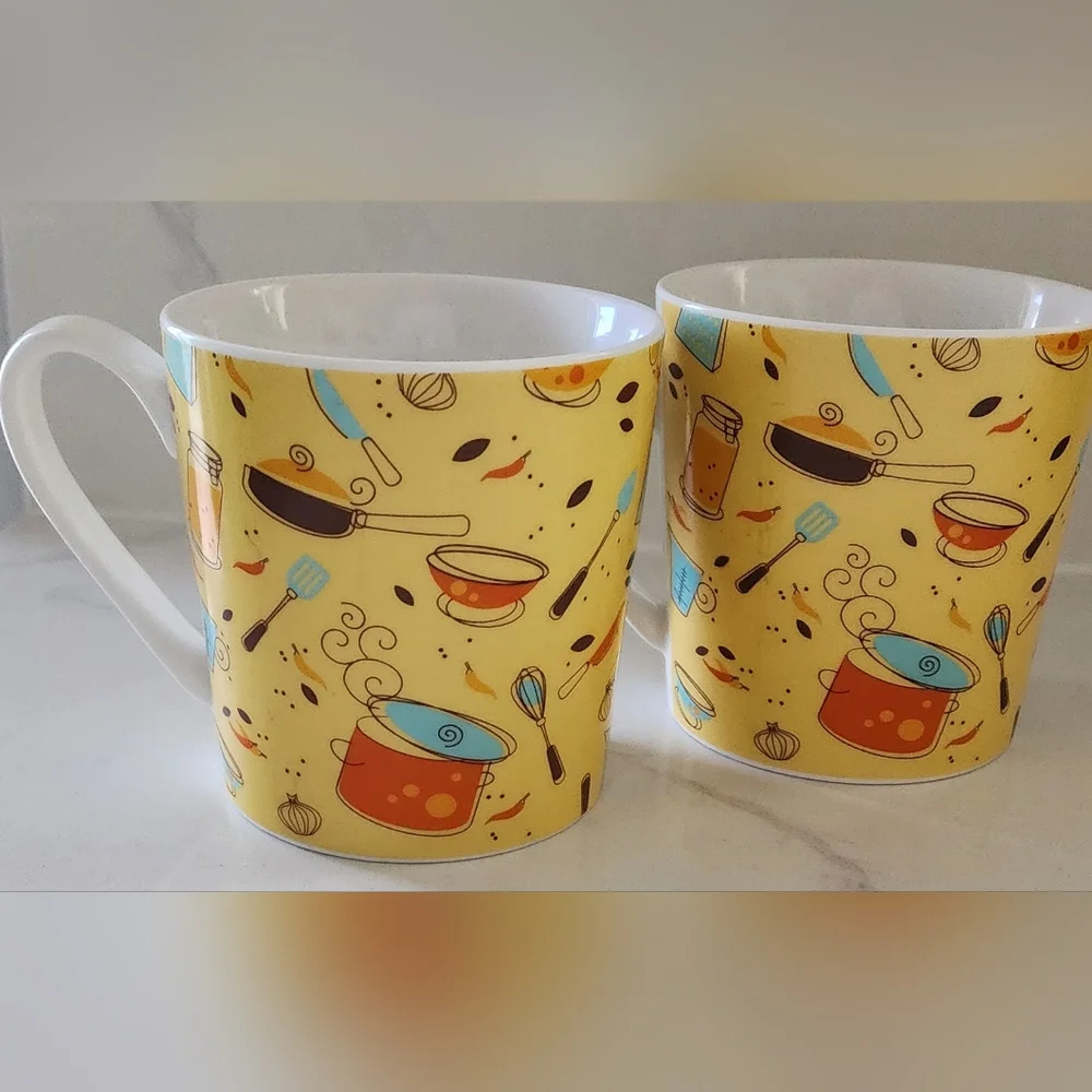 Rare Discontinued Pier 1 Breakfast In Bed Porcelain Mugs Set Of Two‎ 16 Oz